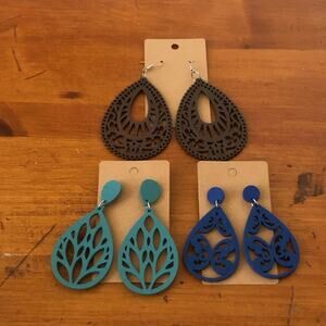 Bohemian Lightweight Wooden Filigree Laser Cut Teardrop Earrings Lot of 3 Pair